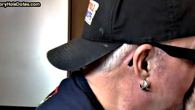 Gloryhole homemade DILF sucks cock in closeup from home