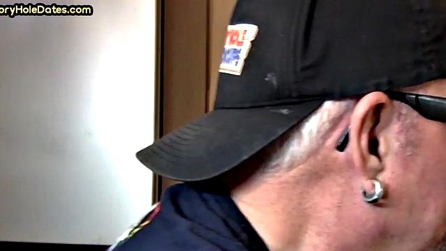 Gloryhole homemade DILF sucks cock in closeup from home