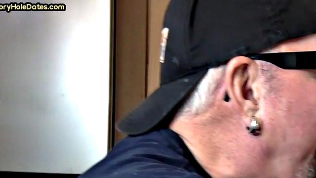 Gloryhole homemade DILF sucks cock in closeup from home