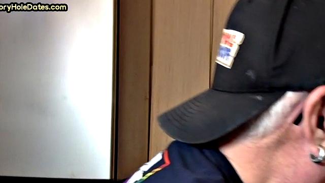 Gloryhole homemade DILF sucks cock in closeup from home