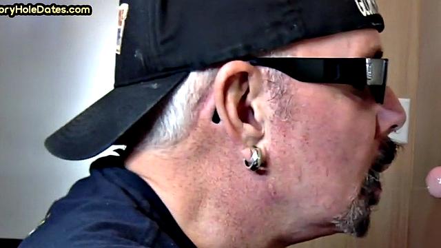 Gloryhole homemade DILF sucks cock in closeup from home