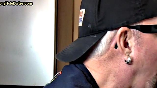 Gloryhole homemade DILF sucks cock in closeup from home