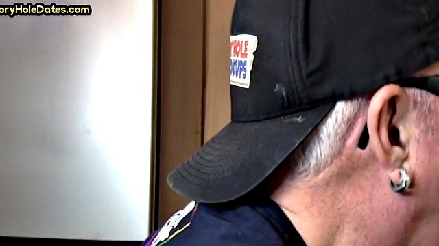 Gloryhole homemade DILF sucks cock in closeup from home