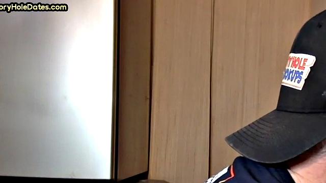 Gloryhole homemade DILF sucks cock in closeup from home