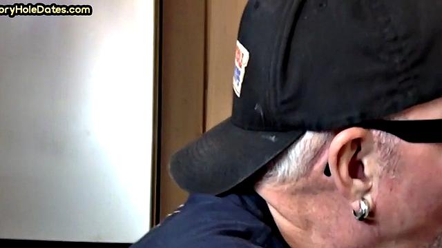 Gloryhole homemade DILF sucks cock in closeup from home