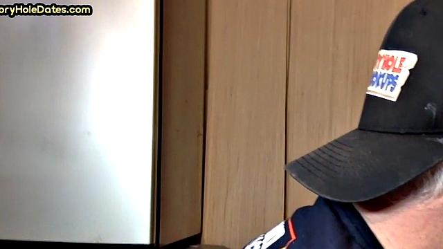 Gloryhole homemade DILF sucks cock in closeup from home