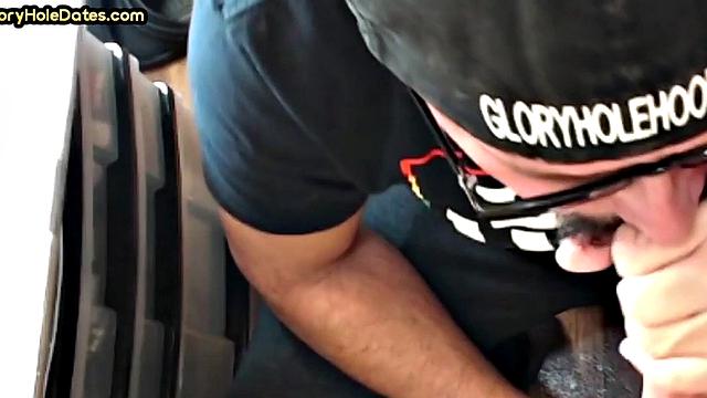 Gloryhole homemade DILF sucks cock in closeup from home