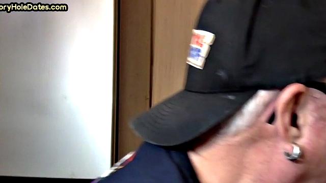 Gloryhole homemade DILF sucks cock in closeup from home