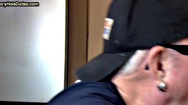 Gloryhole homemade DILF sucks cock in closeup from home