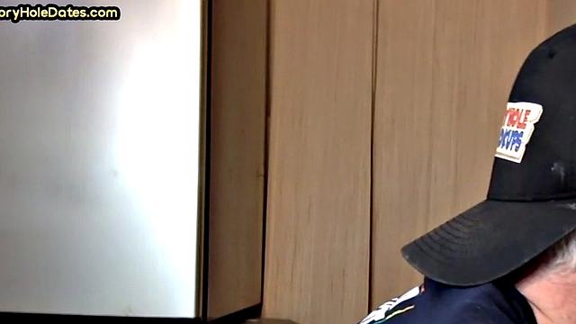 Gloryhole homemade DILF sucks cock in closeup from home