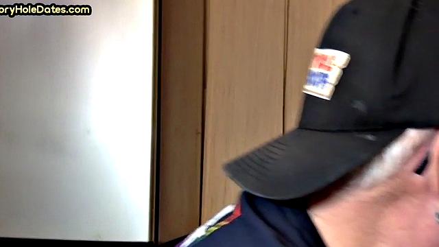 Gloryhole homemade DILF sucks cock in closeup from home