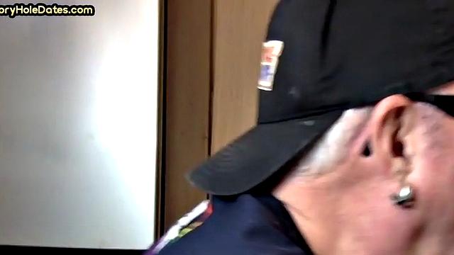 Gloryhole homemade DILF sucks cock in closeup from home