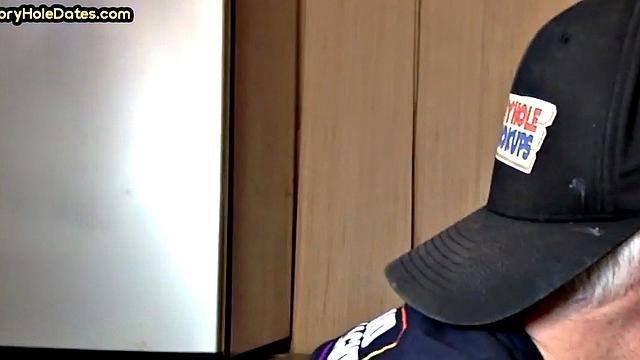 Gloryhole homemade DILF sucks cock in closeup from home