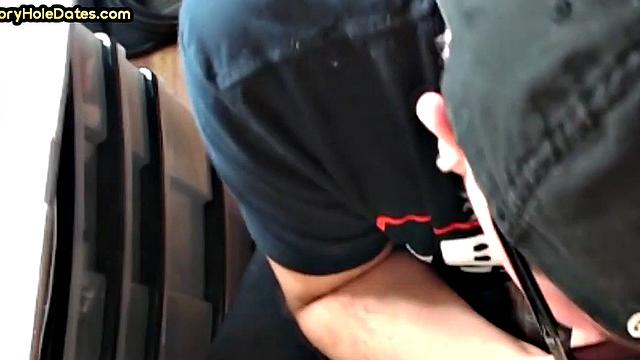 Gloryhole homemade DILF sucks cock in closeup from home