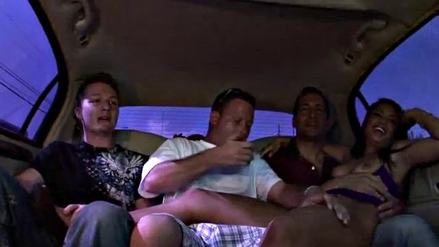 Naughty teen takes a wild ride in a threesome with cowgirl, car and bra