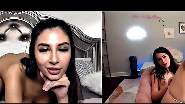 Lesbian darlings get freaky on video call and masturbate