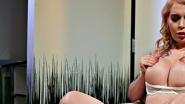 Solo TS MILF with big ass and big tits toys ass and jerks cock