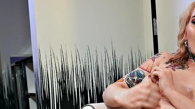 Solo TS MILF with big ass and big tits toys ass and jerks cock