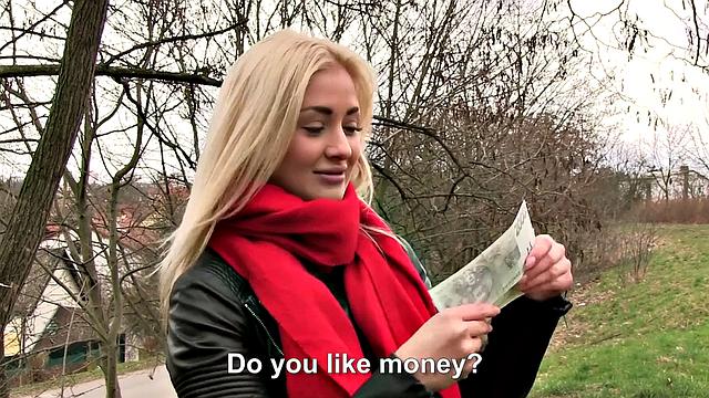 Watch this tattooed blonde Euro babe with small tits ride in reverse cowgirl and blow for cash