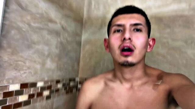 Slim and smooth Roman is in the bathroom, wearing only a pair of shorts. The young Latino gropes at his package until he's boned up. Then the shorts are pushed down to reveal his big uncut dick.