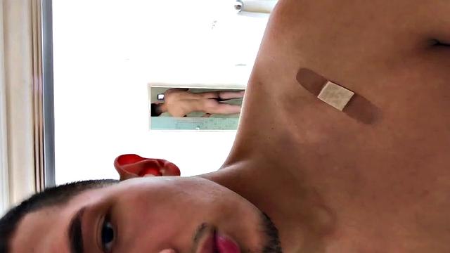 Slim and smooth Roman is in the bathroom, wearing only a pair of shorts. The young Latino gropes at his package until he's boned up. Then the shorts are pushed down to reveal his big uncut dick.