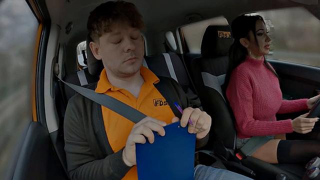 Big-titted driving student riding on cock for her first class