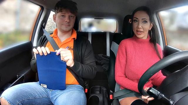 Big-titted driving student riding on cock for her first class