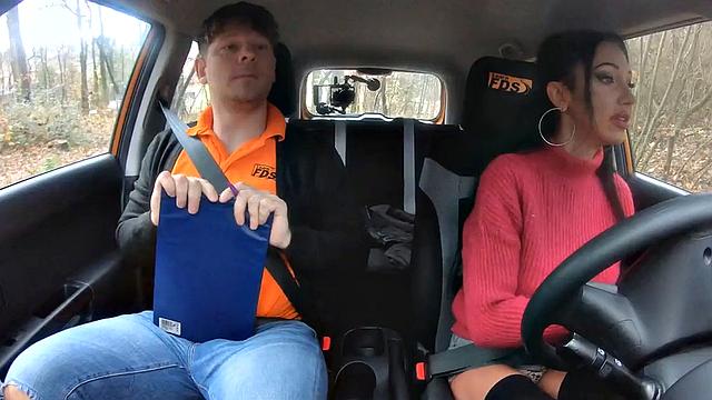 Big-titted driving student riding on cock for her first class