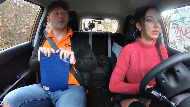 Big-titted driving student riding on cock for her first class