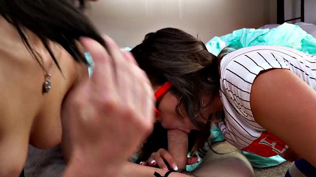 Horny brunette GF shares dick in hot dorm threesome with glasses on & handjobs