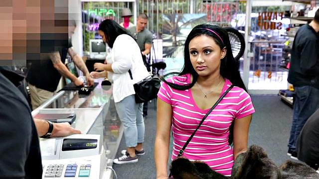 Big white cock drills small-titted teen bae in the back of the store