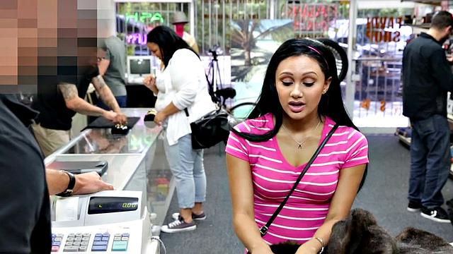 Big white cock drills small-titted teen bae in the back of the store