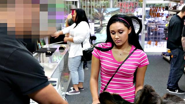 Big white cock drills small-titted teen bae in the back of the store