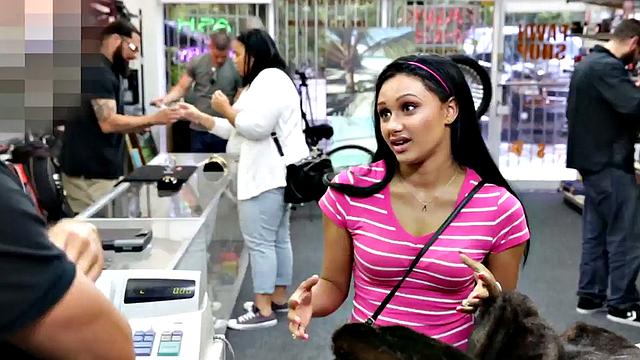 Big white cock drills small-titted teen bae in the back of the store