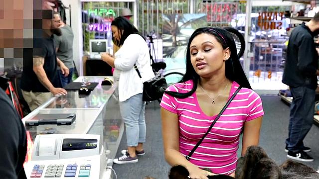 Big white cock drills small-titted teen bae in the back of the store