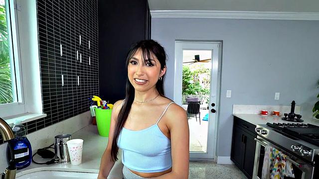 Watch this hot Latina maid with perky tits get a POV pussy pounding for some extra cash