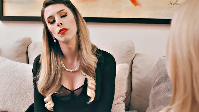 Elegant Shemale with big boobs fucks lady with hairy pussy