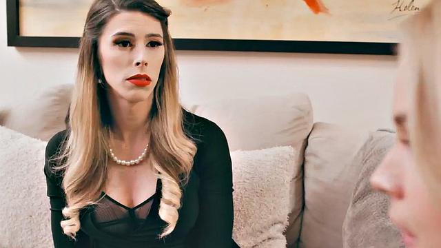 Elegant Shemale with big boobs fucks lady with hairy pussy