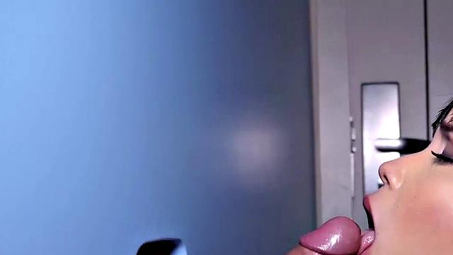 Big TS babe sucks gloryhole cock in closeup BJ