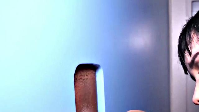 Big TS babe sucks gloryhole cock in closeup BJ