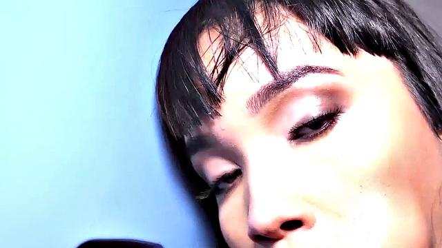 Big TS babe sucks gloryhole cock in closeup BJ