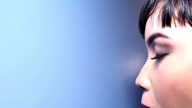 Big TS babe sucks gloryhole cock in closeup BJ