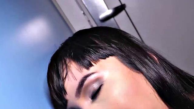 Big TS babe sucks gloryhole cock in closeup BJ