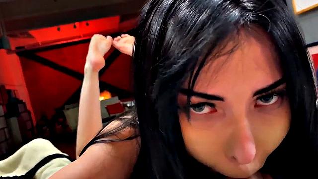 Cocksucking babe in thongs makes eye contact in POV