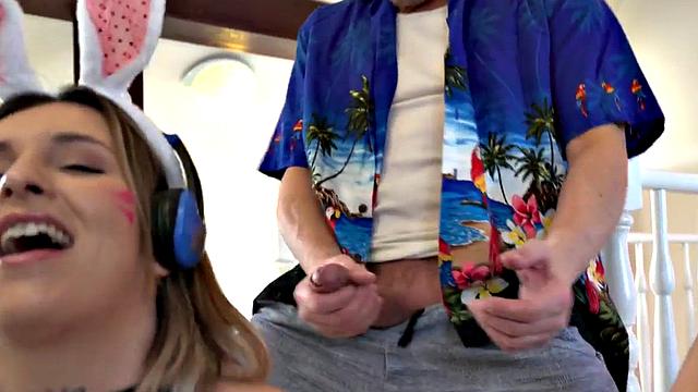 Gaming hostel bunnies sharing cock while playing games