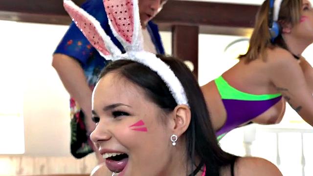 Gaming hostel bunnies sharing cock while playing games