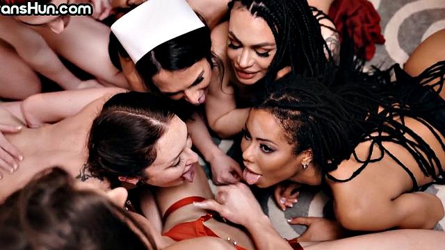 Trans nurses enjoy orgy with Ebony and busty MILF