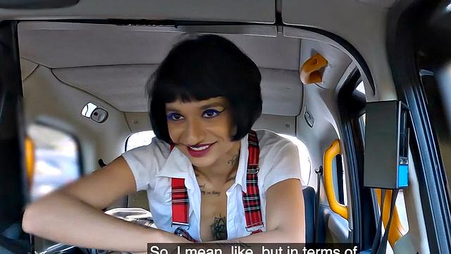 Cab college babe in uniform pleasing her driver