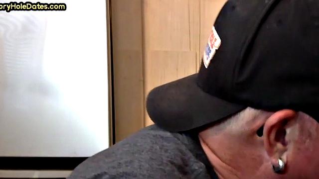 Gloryhole DILF gets fucked in ass after closeup BJ