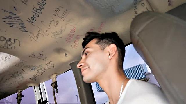 Picked up guy fucks gay ass in public van outdoors
